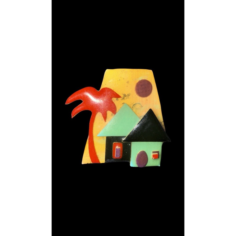 Vintage “House Pins by Lucinda” Handmade Brooch – Palm Tree & House Scene